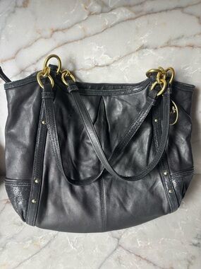 Coach Black Leather Shoulder Bag with Gold Hardware
